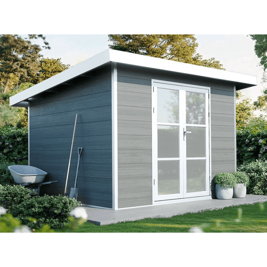 Offre Spéciale – Abri de jardin composite SINTRA – 9 m2 gris clair – Produit Neuf – DESTOCKAGE